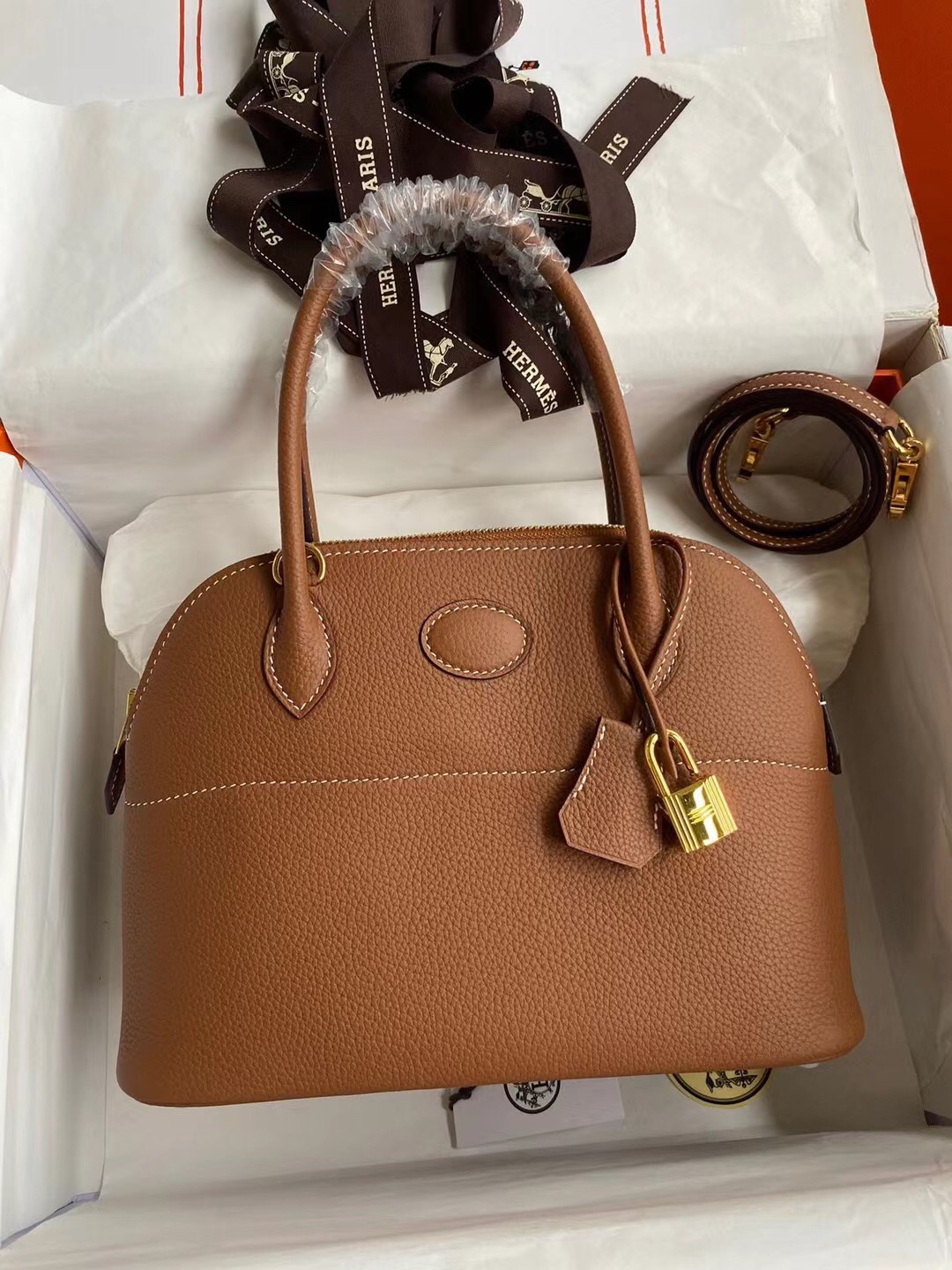 Hermes Bolide 27cm Handbag In Brown Clemence Leather